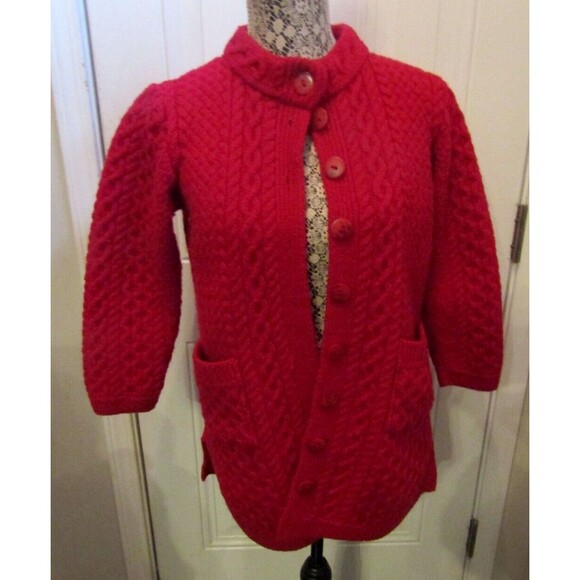 Aran Crafts Ireland Cardigan Womens Red Merino Wool Cable Knit Sweater Size L - Picture 1 of 7